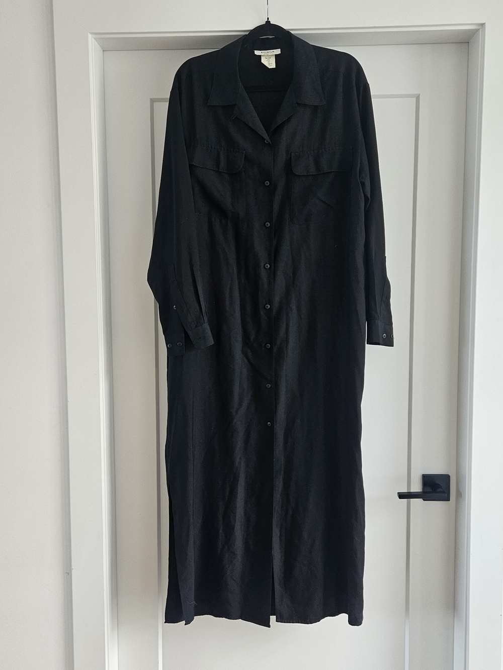 ​GO SILK Black 100% Washable Silk Utility Maxi Shirt Dress Sz Medium Minimalist